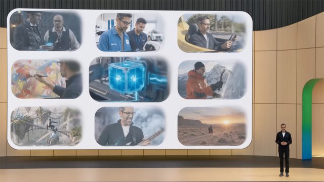 Google CEO Sundar Pichai stands on stage at Google I/O 2026 in front of a large screen showing a grid of nine varied scenes, from mountaineering and horseback riding to a glowing blue cube graphic, representing the breadth of what was announced at the keynote.